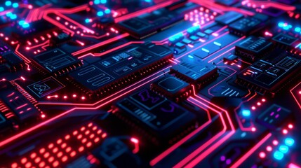 Illuminated Intricacies - Advanced Circuitry in Dark Tech Theme with Vibrant Neon Glow