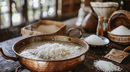 Fototapeta premium Rustic kitchen scene with copper pan on the stove, where white cocada is being prepared