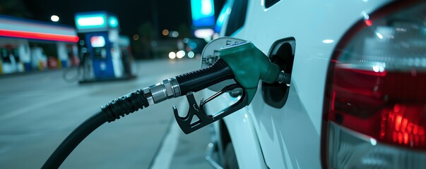Fototapeta premium Close-up of a car refueling at a gas station at night, with fuel nozzle inserted into the gas tank under bright lights.