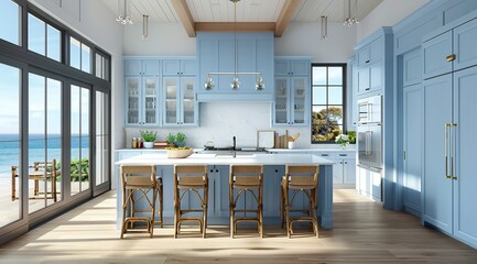 Coastal kitchen with light blue cabinets, white quartz island countertop, and barstools, featuring large windows overlooking the ocean 