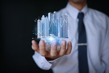 Businessman holds a building in his hand To analyze loans and guarantee loans Interest rate investment planning ideas and construction technology and real estate investment businesses.