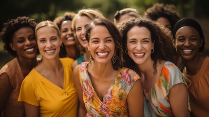 Obraz premium Happy Women Smiling Together Outdoors. Group of women smiling and enjoying each other's company in an outdoor setting, showcasing friendship, joy, and unity.
