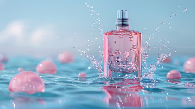 Perfume bottle on water surface with spray, bubbles, minimalism, product display, light blue gradient, 8k quality, illustration background