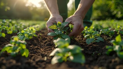 Hands planting seedlings in the field. Close-up of hands carefully planting seedlings in a field, bathed in warm sunlight, representing the nurturing aspect of agriculture.