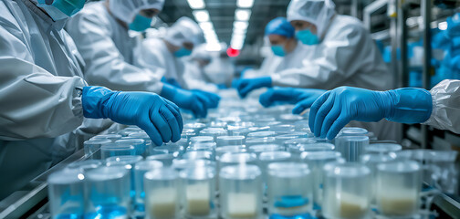  Worker with blue gloves handling products on a pharmaceutical production line in a cleanroom environment, showcasing the precision and care in modern medicine manufacturing. 