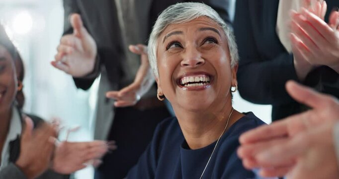 Clapping, colleagues and congratulations for mature woman, milestone and recognition for achievement. Professional, employees and teamwork for corporate, applause and trader with people and thank you