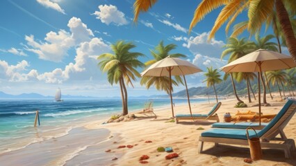 Summer Background Tranquil Beach Scene with Palm Trees and Sailboats Under a Clear Sky