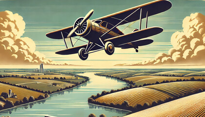 Vintage airplane flying over a river landscape