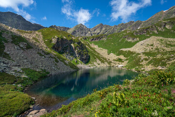View of the Dukka lake "Rybka" on the Malaya Dukka River on the slopes of the Arkasar ridge in the North Caucasus on a sunny summer day, Arkhyz, Karachay-Cherkessia, Russia © Ula Ulachka