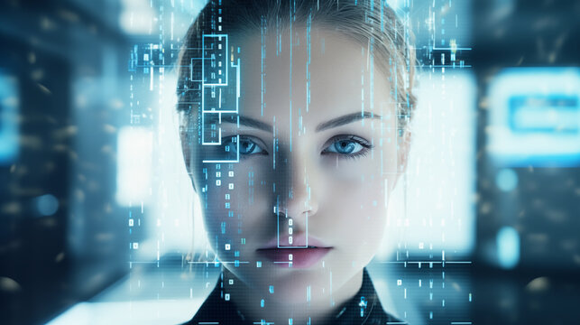 Double exposure of an office worker's face and a digital code background