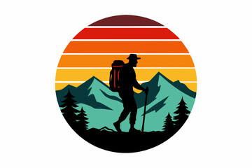 vector t-shirt design black silhouette hiking vintage retro sunshine isolated on the background