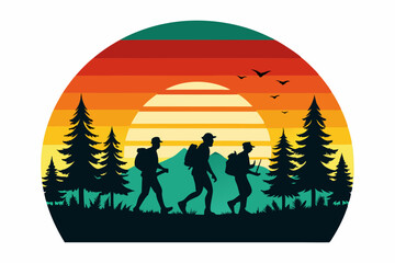 vector t-shirt design black silhouette hiking vintage retro sunshine isolated on the background