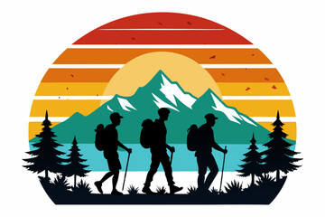 Naklejka premium vector t-shirt design black silhouette hiking vintage retro sunshine isolated on the background