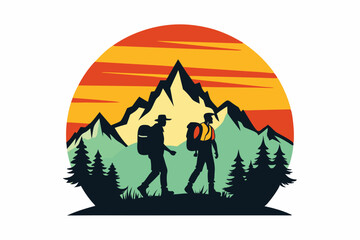 vector t-shirt design black silhouette hiking vintage retro sunshine isolated on the background
