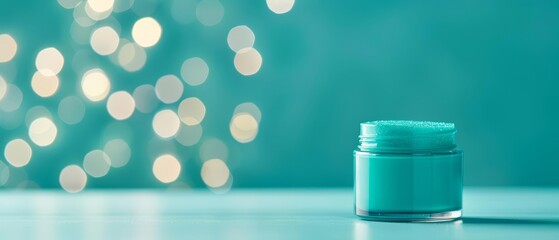 Turquoise jar of cosmetic cream on a bright background with bokeh lights. Skincare and beauty product in a visually pleasing setting.