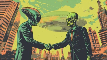 A humorous scene where a human businessman shakes hands with an alien sealing a deal. Background of a futuristic city. Style: Pop art