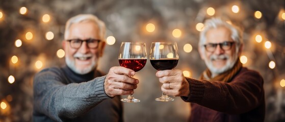 Two elderly men enjoying a toast with red wine, celebrating life's moments against a festive backdrop with warm lights.