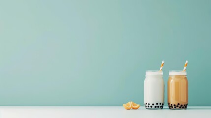 Two mason jars of milk tea with tapioca pearls on a light blue background, accompanied by slices of lemon, creating a refreshing, minimalist scene.