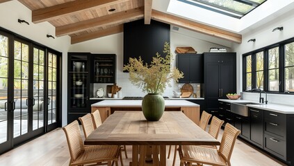 Modern farmhouse kitchen with large island, white oak ceiling beams and skylights, featuring black cabinets and wall-mounted black stovetop and oven.