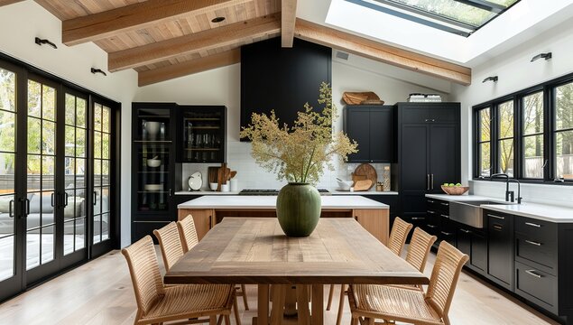 Modern farmhouse kitchen with large island, white oak ceiling beams and skylights, featuring black cabinets and wall-mounted black stovetop and oven.