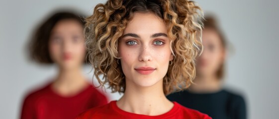 Portrait of a Confident Young Woman with Curly Hair in Red Shirt, Two Blurred Figures in Background
