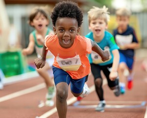 Energetic kids competing in a track race, showcasing determination, teamwork, and the spirit of competition at a sports event.