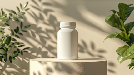 Photorealistic mockup of a white opaque pills bottle on a podium, single light source, vegetal elements background, illustration background