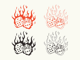 Hand drawn two game dices with flame. Casino games symbol, tattoo design