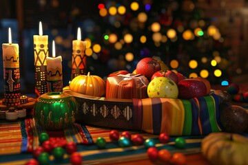 Close up of a joyous Kwanzaa celebration with a kinara and cultural symbols , created by ai