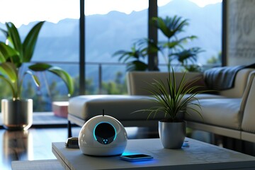  Close up of a high-tech personal assistant robot in a modern living room , created by ai
