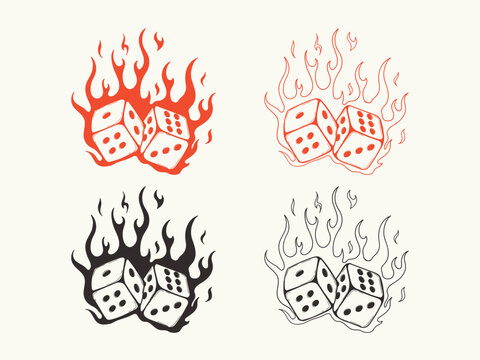 Hand drawn two game dices with flame. Casino games symbol, tattoo design