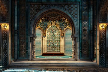 Obraz premium Close up of an intricately designed mihrab in a mosque, beautifully lit , created by ai