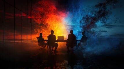 Business Team Meeting in Futuristic Office with Dramatic Lighting and Abstract Background