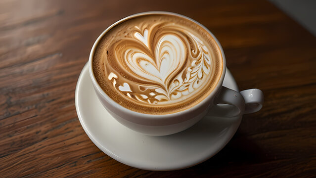 illustration featuring a close-up of a beautifully crafted latte art in a cup of coffee, with intricate designs like flowers or hearts, emphasizing the artistry and skill of the barista.