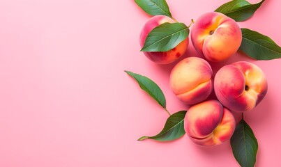 Peaches with leaves on the right side against a pastel background, Generative AI
