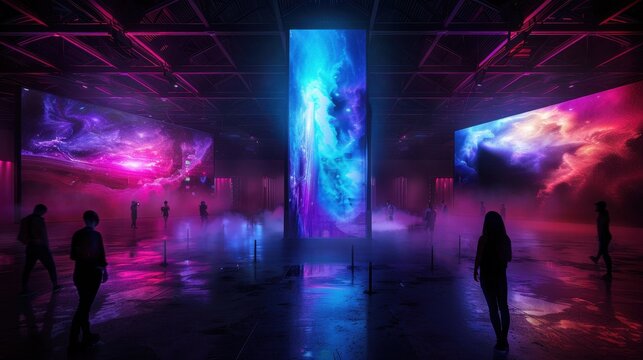 Futuristic Digital Art Exhibition with Neon Lights and Large Screens Displaying Cosmic Imagery in a Dark Room