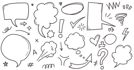 Hand drawn elements speech bubble, arrows, scribble, stars, question mark