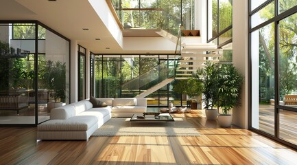 Fototapeta premium Modern spacious living room with indoor garden and panoramic views