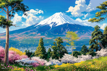 Fototapeta premium Beautiful detailed realistic pastel colored quilted artwork of mount Fuji surrounded by spring flowers and trees, blue sky, detailed.