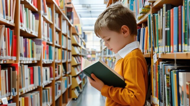 A young boy engrossed in reading a book while standing between bookshelves in a well-lit library, enjoying a quiet moment.