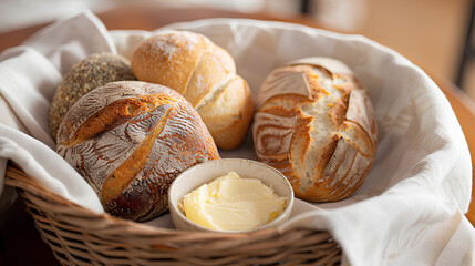 A rustic basket filled with a variety of freshly baked artisan breads, accompanied by a small dish of butter, set on a wooden table.
