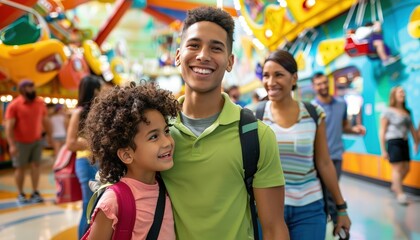 A joyful family with children having fun at an amusement park, surrounded by colorful rides and attractions, sharing happy moments.