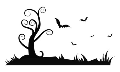 Halloween night illustration with dark castle cemetery crosses, dead trees and bats