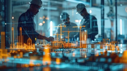 Civil Engineer discussing a model with an overlay of a construction site and cranes