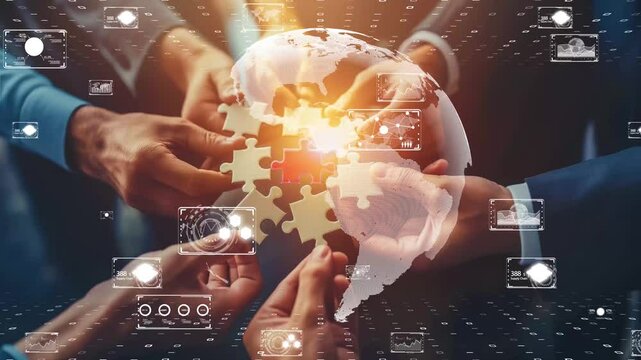 Business team working on a puzzle with digital network graphics overlay, connecting the world concept