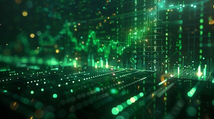 Obraz premium Abstract background of glowing green digital binary code with technology, network, data analysis and financial graph. Concept for cybersecurity, programming, big data and AI.