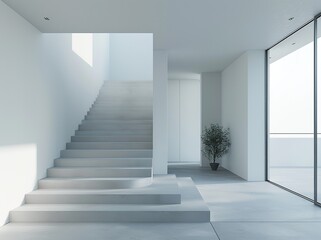 Fototapeta premium Simple and clean interior of a Chinese style villa featuring white walls, gray floors, a window with outside views, three stairs adding depth, and a small door leading to another area. 