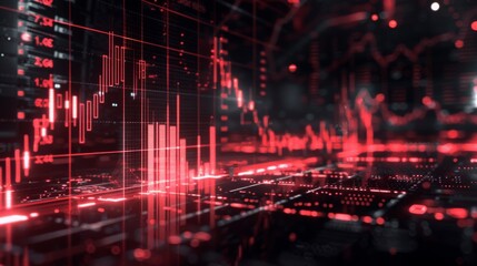 Fototapeta premium Red stock market chart with glowing graphs and data, showcasing financial trading trends. Concepts. stock market crash, bearish trend, market volatility, financial crisis, economic downturn.