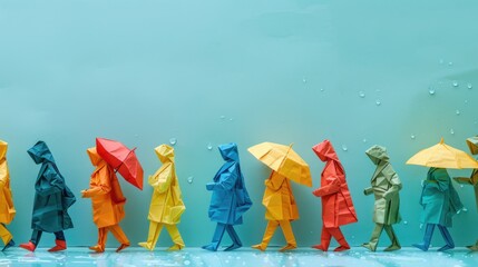 Origami figures paper art of people group are walking in the rain, each holding a different colored umbrella. The scene is bright and cheerful, despite the dreary weather