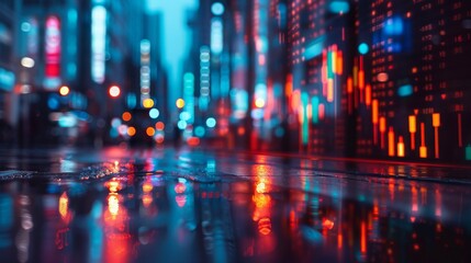 Fototapeta premium Neon lights reflecting on rainy city street at night. Urban cityscape background with vibrant, colorful bokeh lights.